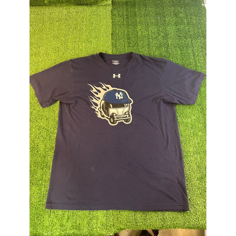 Under Armour Mens New York Yankees Flaming Bullpen Cart T-Shirt Navy XL HeatGear